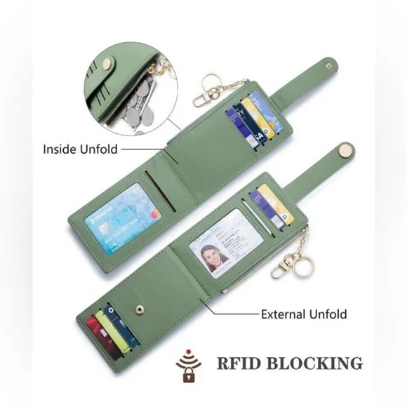 Leather Bifold RFID Blocking Credit Card Holder 1-PU Leather-Green - Picture 3 of 7